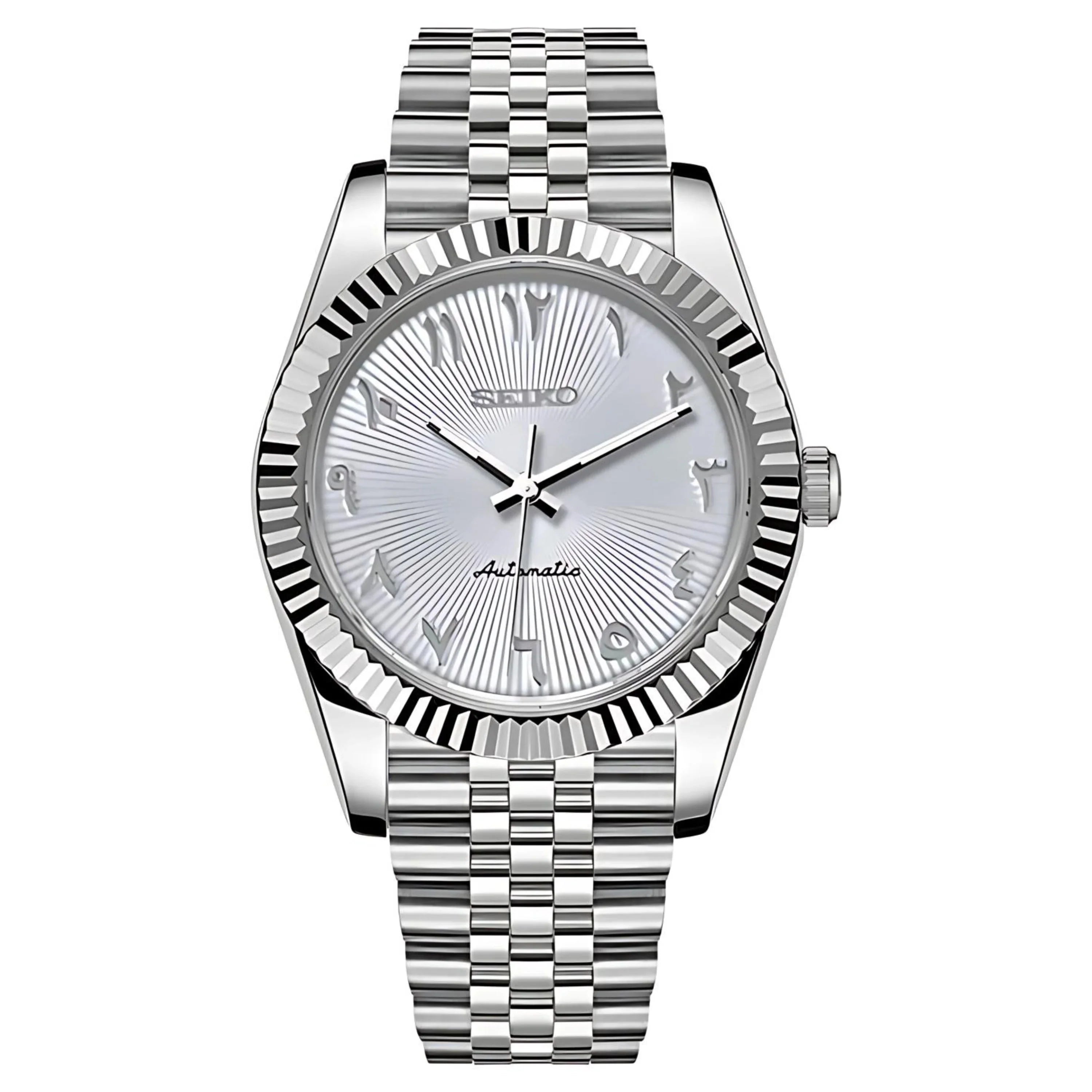 Seiko Mod Datejust – White Arabic Dial with Fluted Bezel