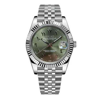 Seiko Mod Datejust – Olive Green Arabic Dial with Fluted Bezel
