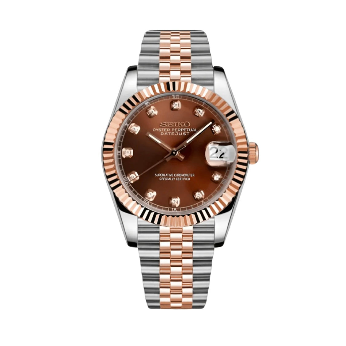 Seiko Mod Datejust – Sunburst Brown Dial with Diamond Markers & Rose Gold Two-Tone