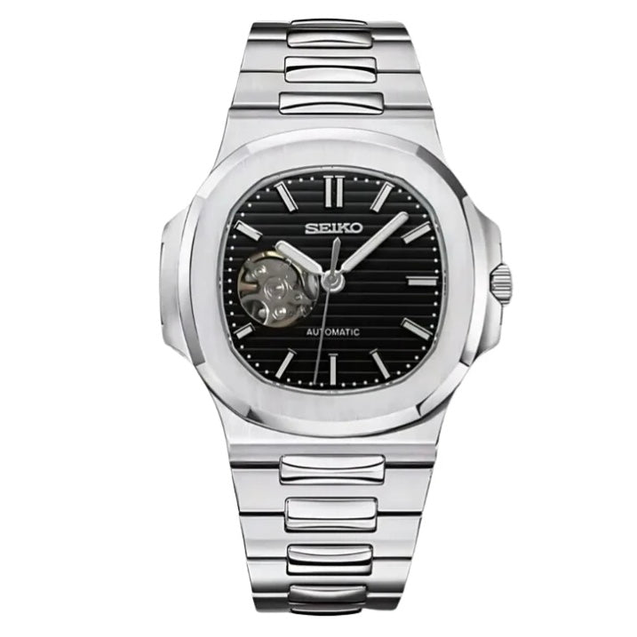 Seiko Mod Nautilus– Black Textured Open-Heart Dial with Integrated Bracelet