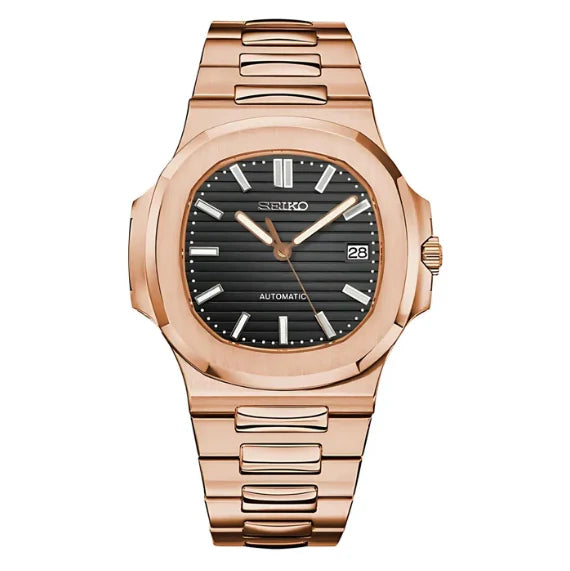 Seiko Mod Nautilus– Rose Gold with Black Lined Dial