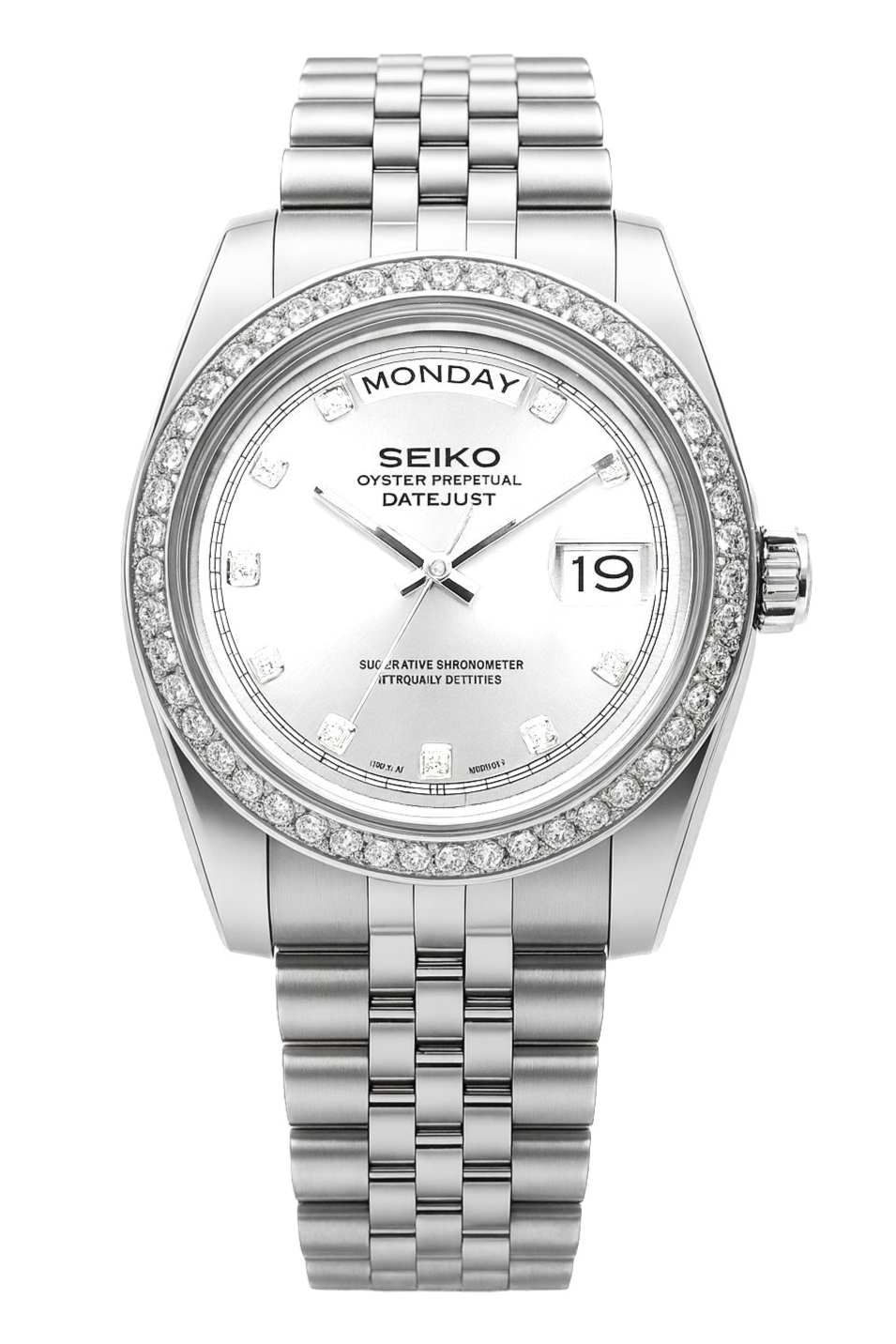 Seiko Mod Datejust – Silver Dial with Diamond Hour Markers & Stone-Set Bezel