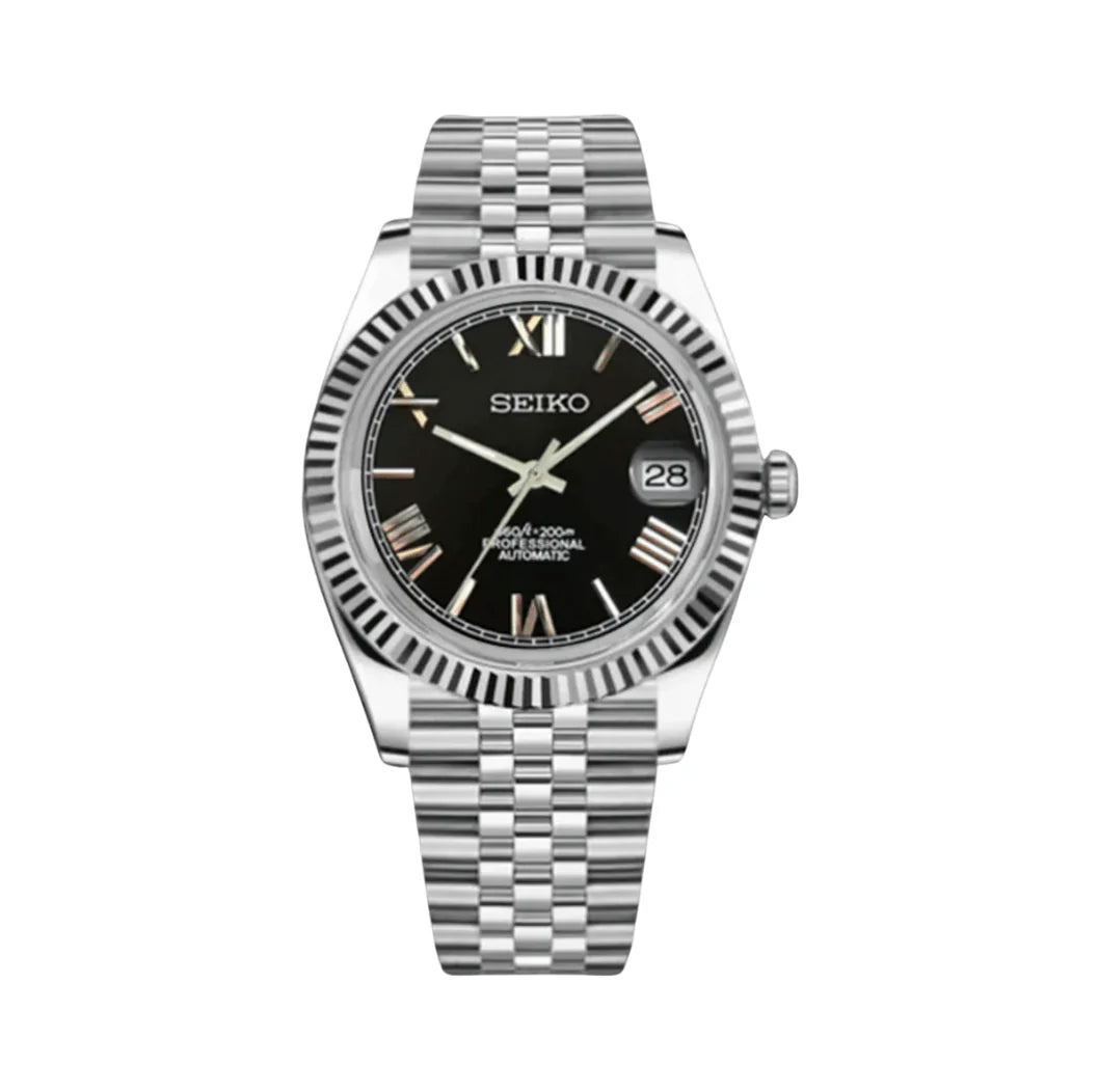 Seiko Mod Datejust – Black Roman Dial with Fluted Bezel