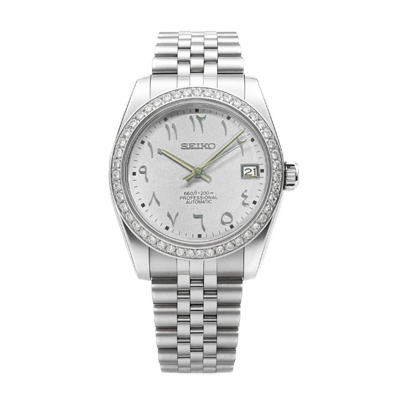 Seiko Mod Datejust – White Arabic Dial with Diamond Bezel