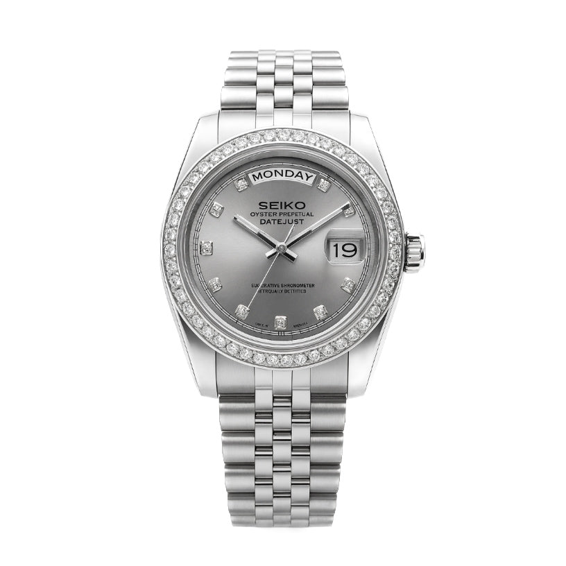 Seiko Mod Day-Date – Smoked Grey Dial with Diamond Bezel